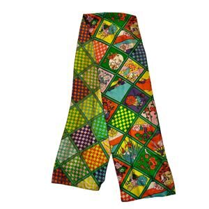 Vintage 1960s Mod Optical Geometric Asian Print Silk Scarf Rare 70" Double Sided